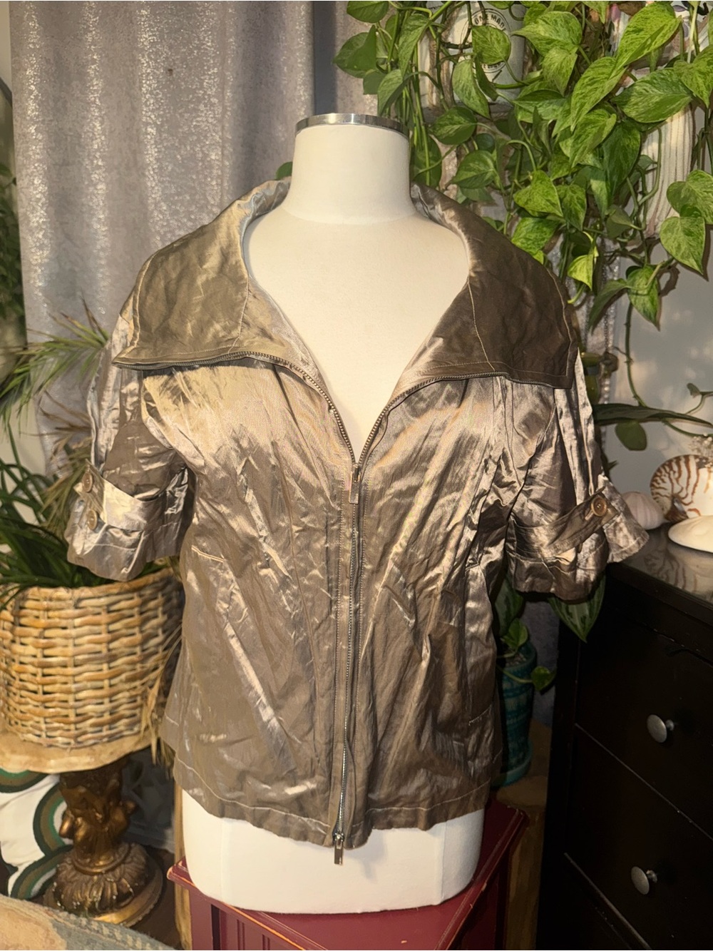 BCBGMaxAzria Metallic Taupe Short-Sleeve Zip Jacket